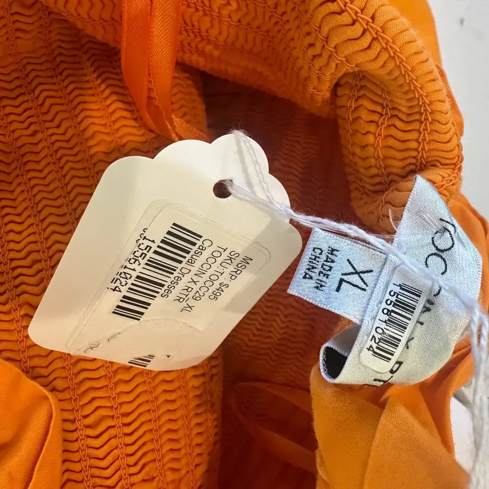 Toccin Orange Midi Dress XL Smocked Cottage Ruffle Cotton Designer $500 - Picture 11 of 11
